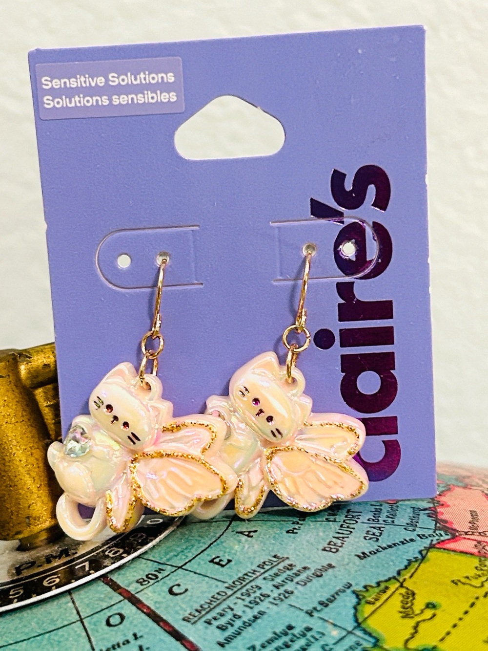Claire's Pink Iridescent Cat Fairy Drop Earrings for girls Cat Jewelry earrings